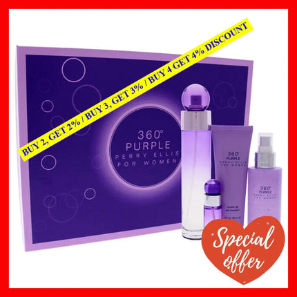 360 Purple By Perry Ellis For Women - 4 Pc Gift Set 3.4Oz Edp Spray 7.5Ml Mini 4Oz Body Mist 3Oz