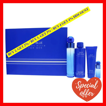 360 Very Blue By Perry Ellis For Men - 4 Pc Gift Set 3.4Oz Edt Spray 7.5Ml 6.8Oz Body 3Oz Shower Gel