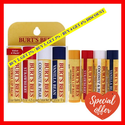 Best Of Burts Moisturizing Lip Balm Set By Bees For Unisex - 4 X 0.15 Oz Beeswax Strawberry Coconut