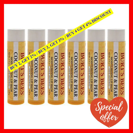 Coconut And Pear Moisturizing Lip Balm By Burts Bees For Unisex - 0.15 Oz Pack Of 6