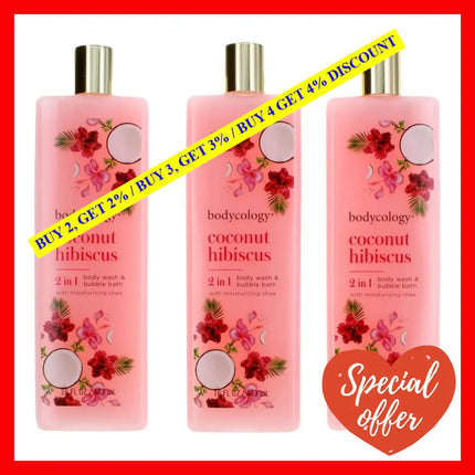 Coconut Hibiscus By Bodycology 3 Pack 16 Oz 2 In 1 Body Wash & Bubble Bath For Women