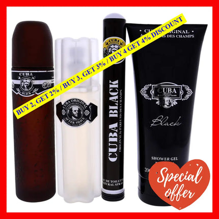 Cuba Black By For Men - 4 Pc Gift Set 3.4Oz Edt Spray 1.7Oz 3.3Oz After Shave 6.7Oz Shower Gel