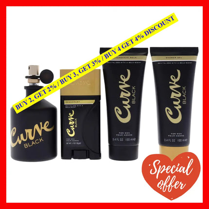 Curve Black By Liz Claiborne For Men - 4 Pc Gift Set 4.2Oz Edc Spray 3.4Oz After Shave Balm Shower