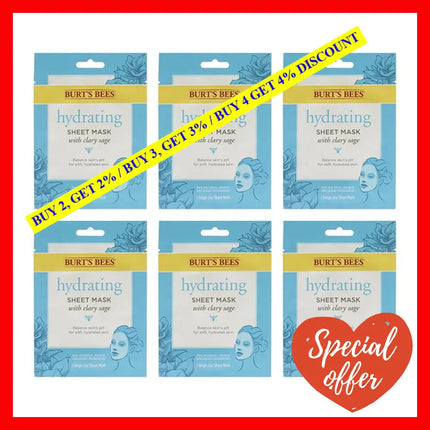 Hydrating Sheet Mask With Clary Sage By Burts Bees For Women - 0.33 Oz Pack Of 6