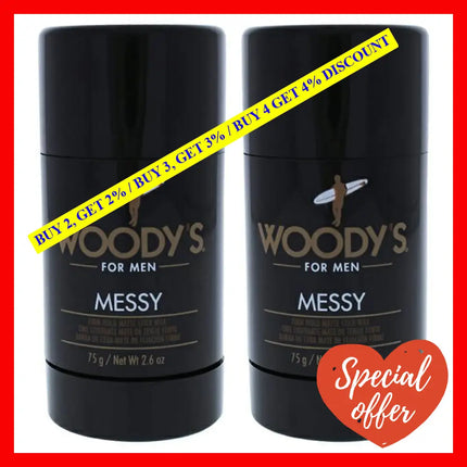 Messy Firm Hold Matte Stick Wax By Woodys For Men - 2.6 Oz Deodorant Pack Of 2