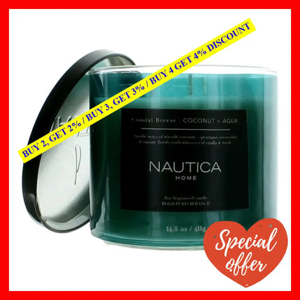 Nautica 14.5 Oz Soy Wax Blend 3 Wick Candle - Coastal Breeze Coconut & Aqua