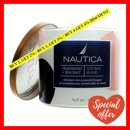 Nautica 14.5 Oz Soy Wax Blend 3 Wick Candle - Teakwood & Sea Salt