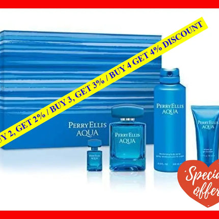 Perry Ellis Aqua By For Men - 4 Pc Gift Set 3.4Oz Edt Spray 0.25Oz 6.8Oz Deodorizing Body 1.7Oz