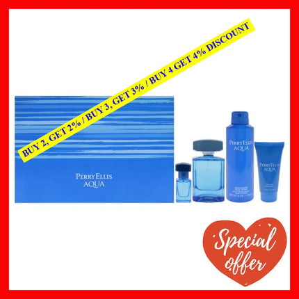 Perry Ellis Aqua By For Men - 4 Pc Gift Set 3.4Oz Edt Spray 0.25Oz 6Oz Deodorizing Body 1.7Oz