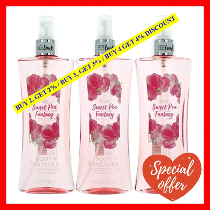 Pink Sweet Pea Fantasy By Body Fantasies 3 Pack 8 Oz Fragrance Spray For Women