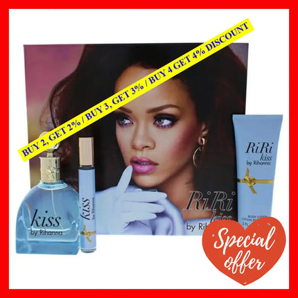 Rihanna Kiss By For Women - 3 Pc Gift Set 3.4Oz Edp Spray 6Ml Rollerball 3.0Oz Body Lotion