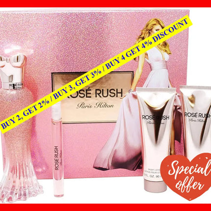 Rose Rush By Paris Hilton For Women - 4 Pc Gift Set 3.4Oz Edp Spray 3.0Oz Body Lotion Shower Gel