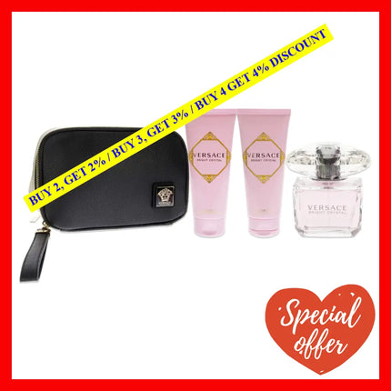 Versace Bright Crystal Women 3Oz Edt Spray 3.4Oz Shower Gel Body Lotion Bag 4 Pc Gift Set