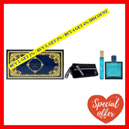 Versace Eros By For Men - 3 Pc Gift Set 3.4Oz Edt Spray 10Ml Blue Trousse