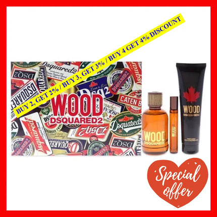 Wood By Dsquared2 For Men 3 Pc Gift Set 3.4Oz Edt Spray 0.3Oz 5.0Oz Bath And Shower Gel