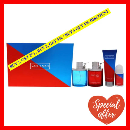 Yacht Man Blue And Red By Myrurgia For Men - 4 Pc Gift Set 3.4Oz Edt Spray 5.07Oz After Shave Balm